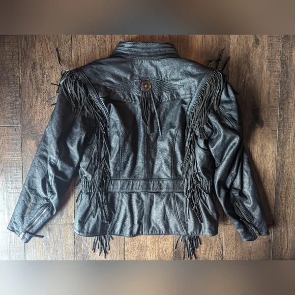 Harley Davidson Women Large MIRAGE Black Leather Fringe Jacket w/ Metal Emblem